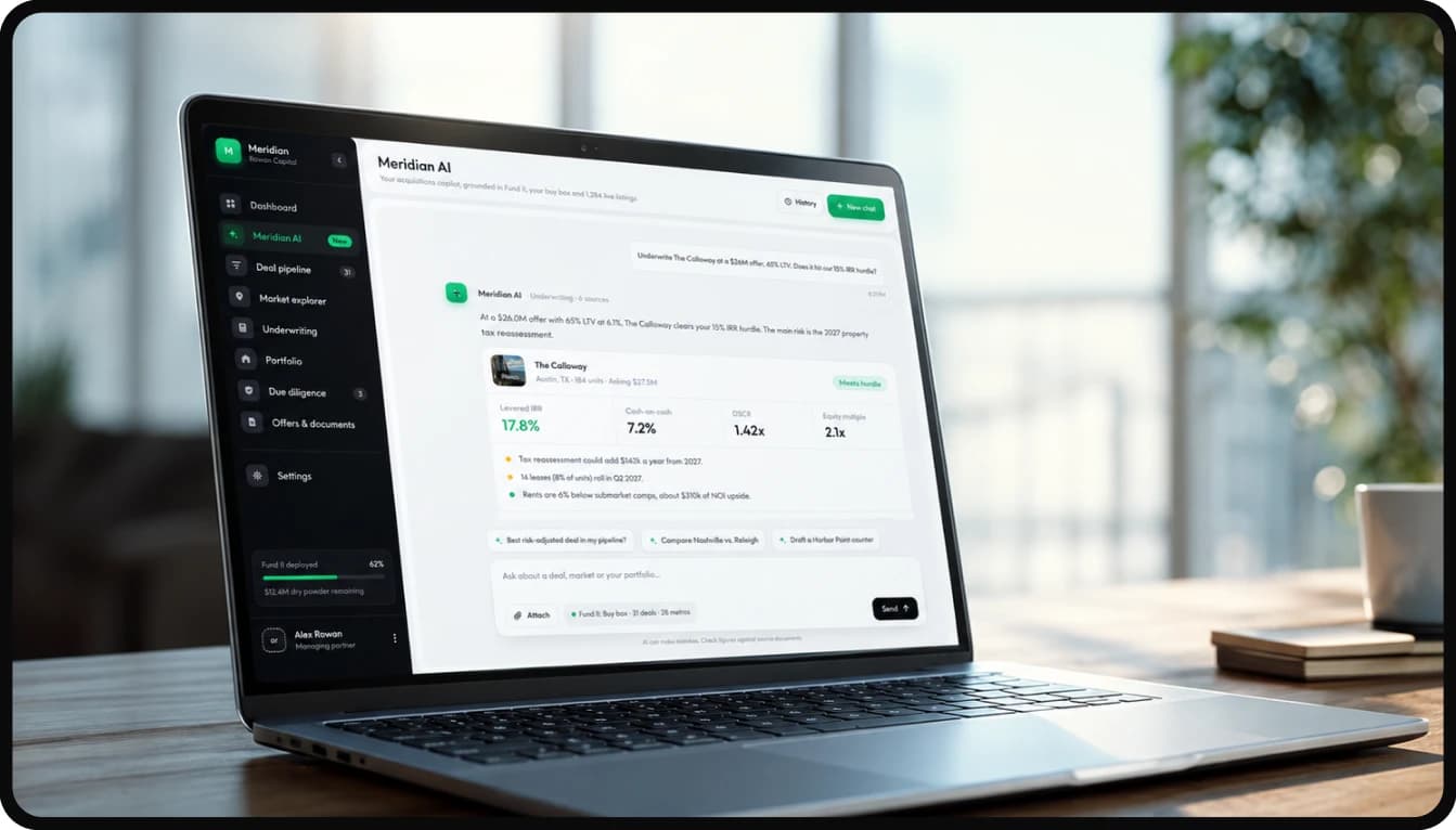 Meridian AI underwriting The Calloway on a laptop in a bright office