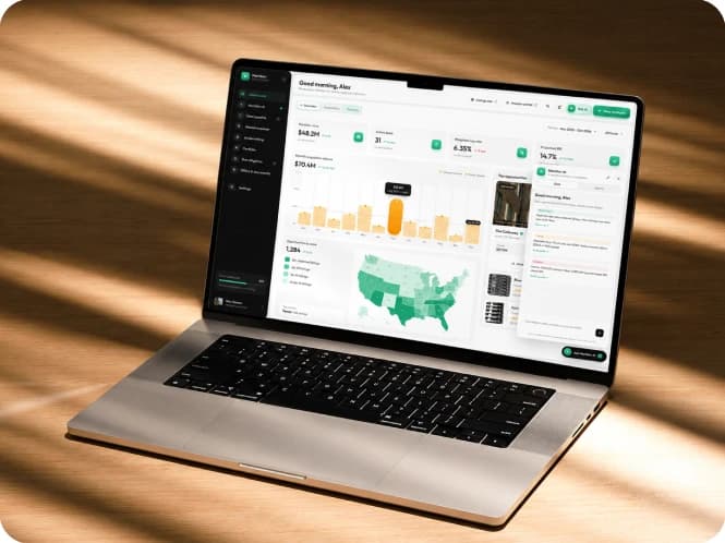 The Meridian home dashboard on a laptop in warm sunlight
