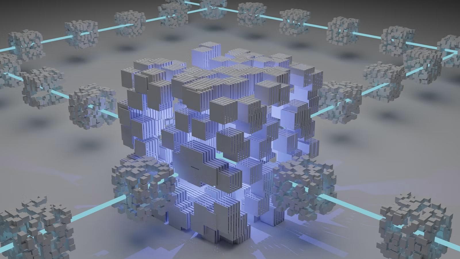 A glowing 3D cube of connected blocks representing a decentralized finance platform