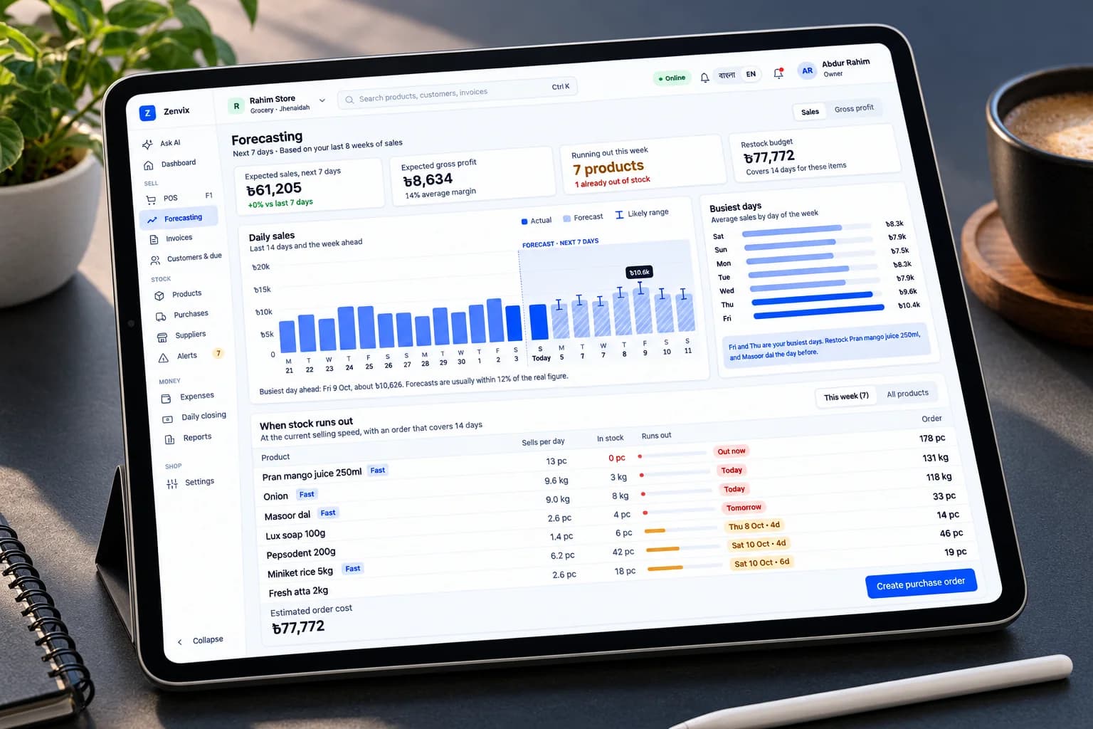 The Zenvix Inventory forecasting screen on a tablet with daily sales and restock suggestions
