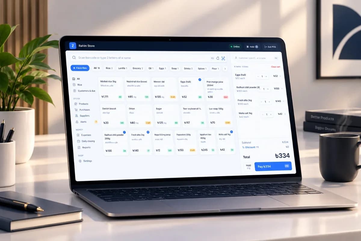 The point-of-sale screen of Zenvix Inventory on a laptop at the counter