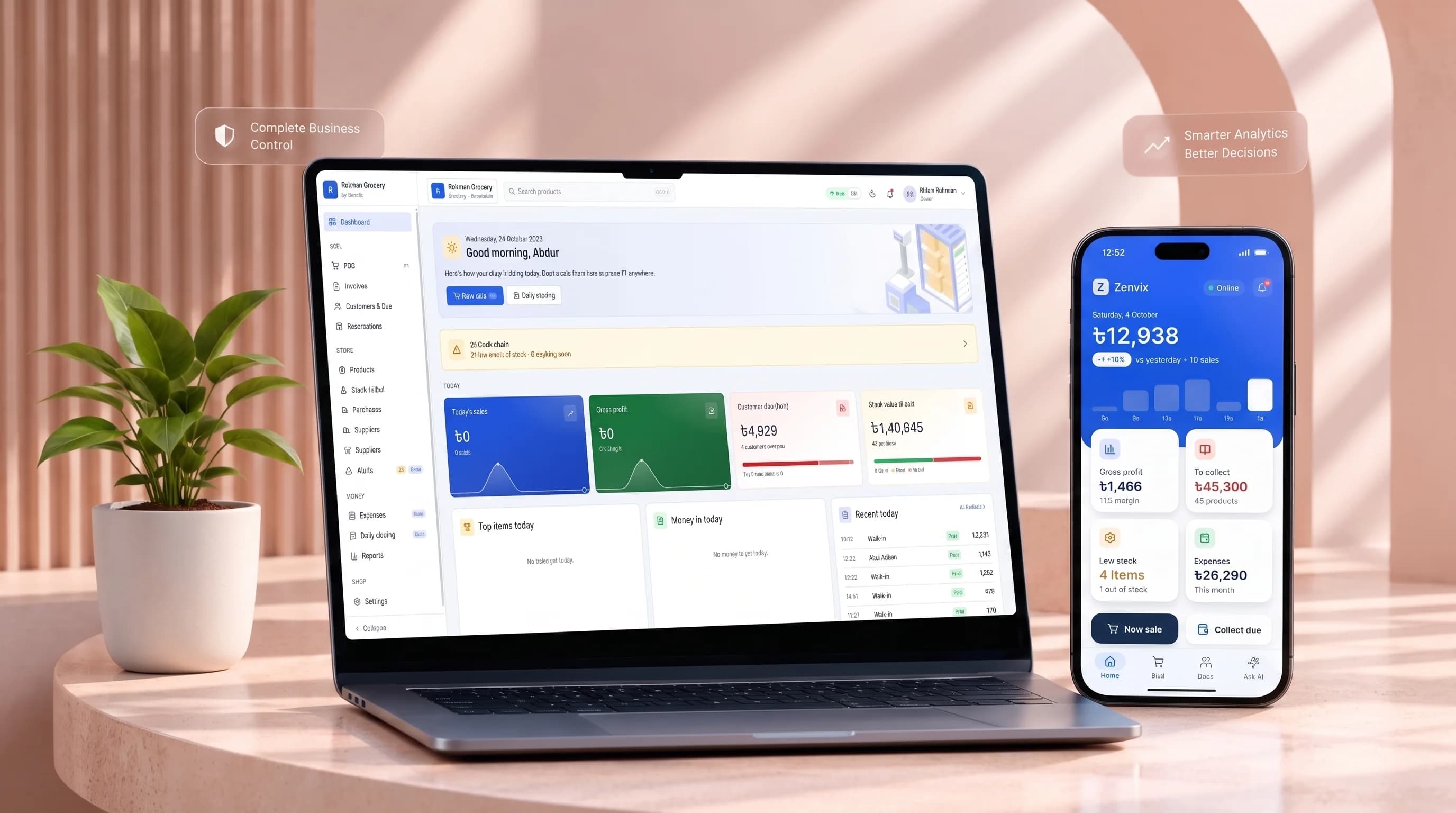 Zenvix Inventory dashboard on a laptop and the mobile app on a phone